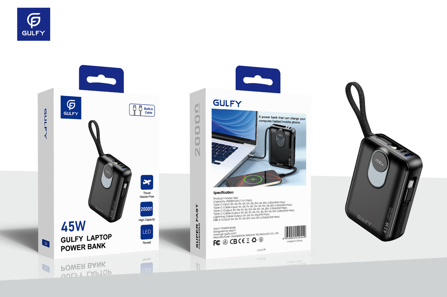 GULFY 45W Laptop Power Bank: 20000mAh, Built - in Cable Design
