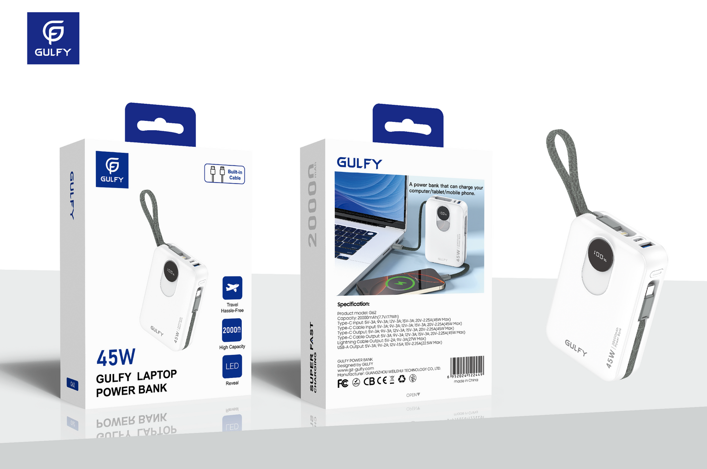 GULFY 45W Laptop Power Bank: 20000mAh, Built - in Cable Design