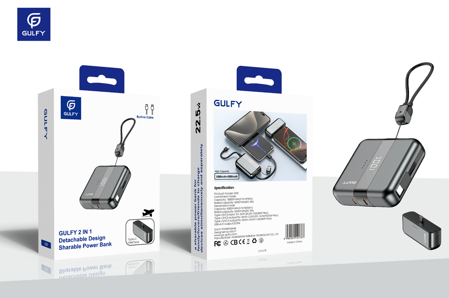 GULFY Detachable Power Bank:10000mAh, Sharable, Built - in Cable