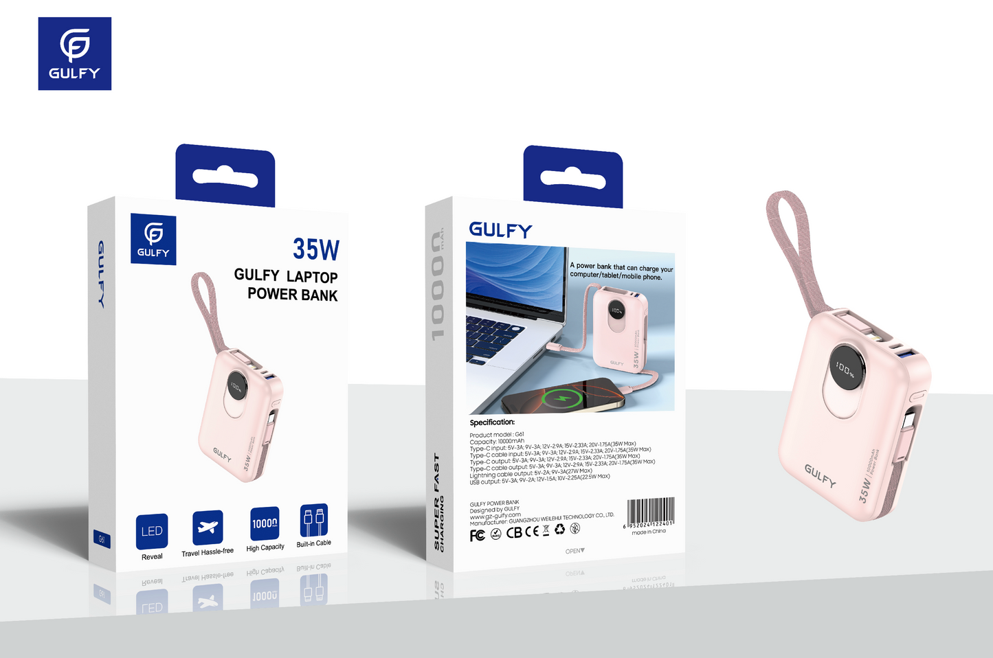 GULFY 35W Laptop Power Bank: 10000mAh, Built - in Cable Design