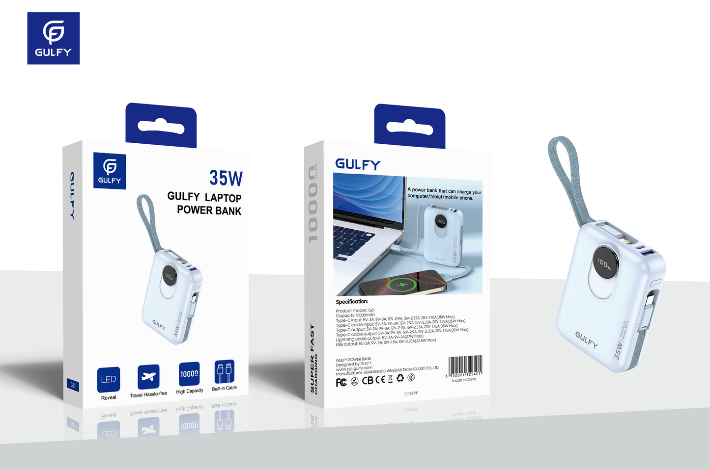 GULFY 35W Laptop Power Bank: 10000mAh, Built - in Cable Design