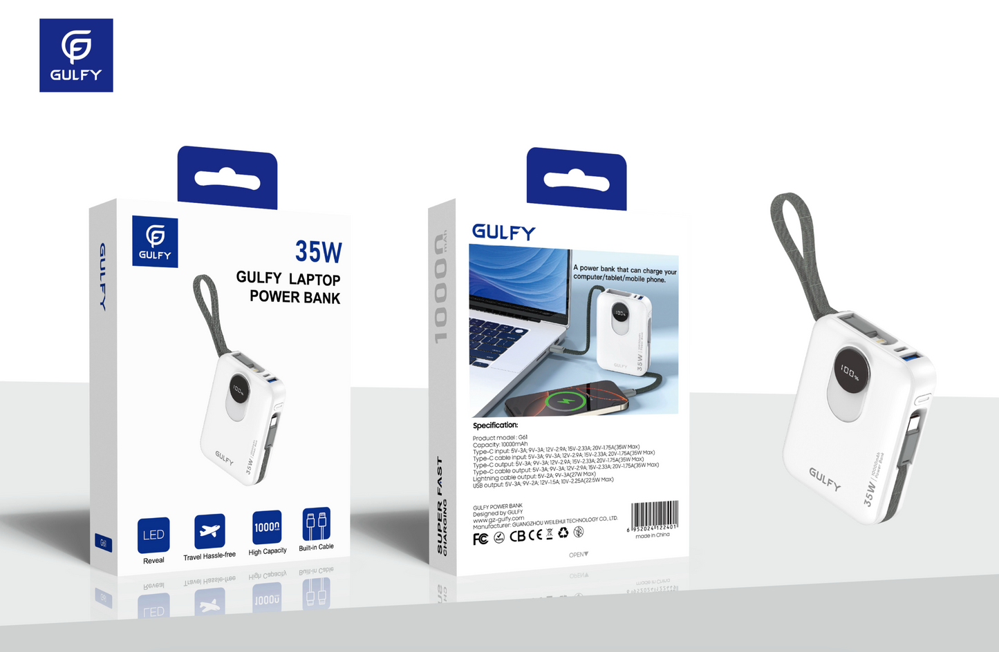 GULFY 35W Laptop Power Bank: 10000mAh, Built - in Cable Design