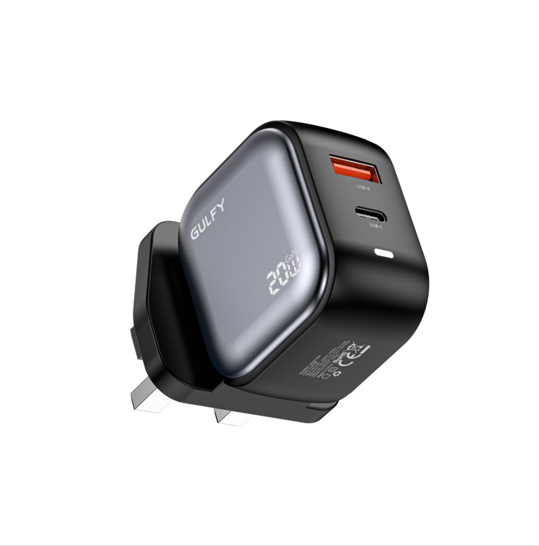 GULFY 20W USB-A & USB-C UK Plug Charger| PD20+QC3.0 Fast Charging (Black)