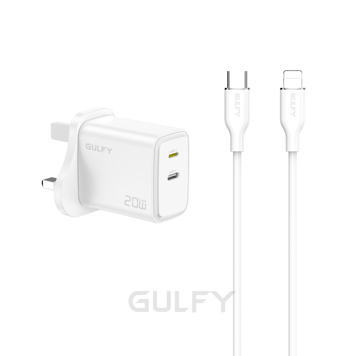 GULFY USB-C+Lightning Dual Ports Power Adapter| Fast Charging with Lightning to USB-C cable (White, UK Plug)