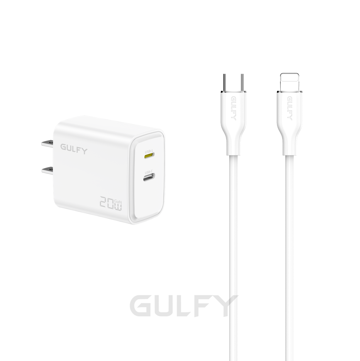 GULFY USB-C+Lightning Dual Ports Power Adapter| Fast Charging with Lightning to USB-C cable (White, US Plug)