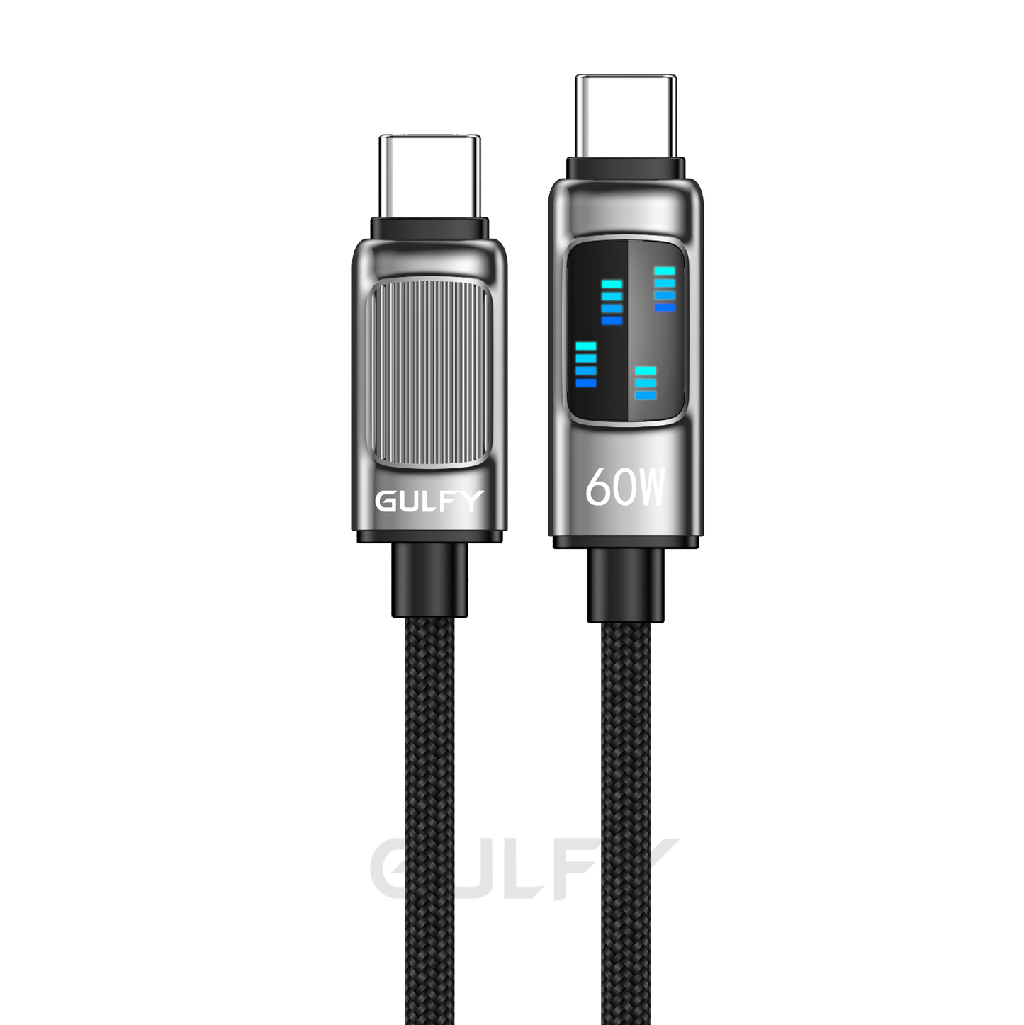 GULFY USB-C to USB-C Fast Charging & Sync Cable (60W, 1m, Black, LED, Zinc alloy & Nylon)