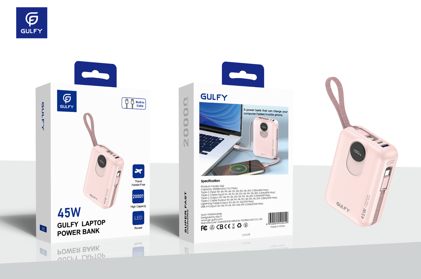 GULFY 45W Laptop Power Bank: 20000mAh, Built - in Cable Design