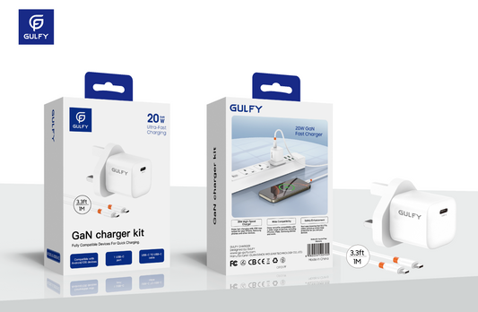 GULFY 20W USB-C UK Plug Charger with Cable| PD Fast Charging (White)