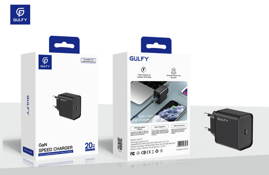 GULFY 20W USB-C EU Plug Charger | PD Fast Charging (Black)
