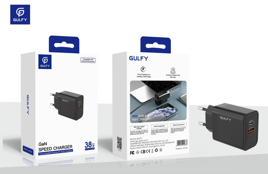 GULFY 38W USB-A & USB-C EU Plug Charger | PD20W+QC3.0 Fast Charging (Black)