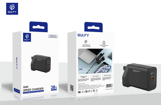 GULFY 38W USB-A & USB-C UK Plug Charger | PD20W+QC3.0 Fast Charging (Black)