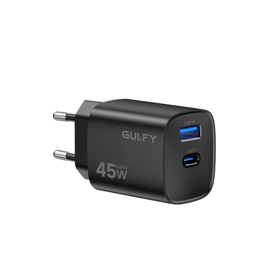 GULFY 45W USB-C & USB-A EU Plug Charger for iPhone 17 | Fast Charging (Black)