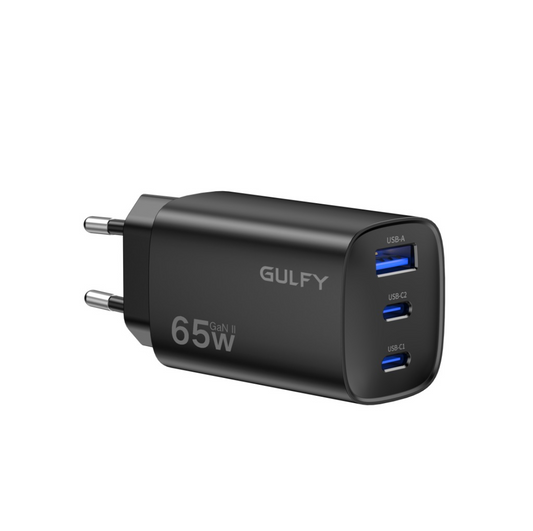 GULFY 65W Dual USB-C & USB-A EU Plug Charger| Fast Charging (Black)