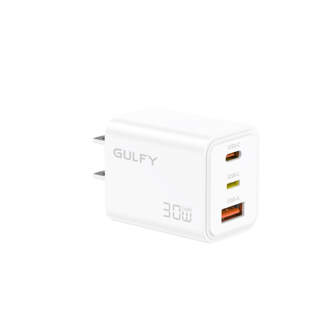 GULFY 30W Lightning & USB-C & USB-A US Plug Charger| Fast Charging (White)