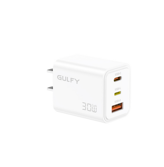 GULFY 30W Lightning & USB-C & USB-A US Plug Charger| Fast Charging (White)