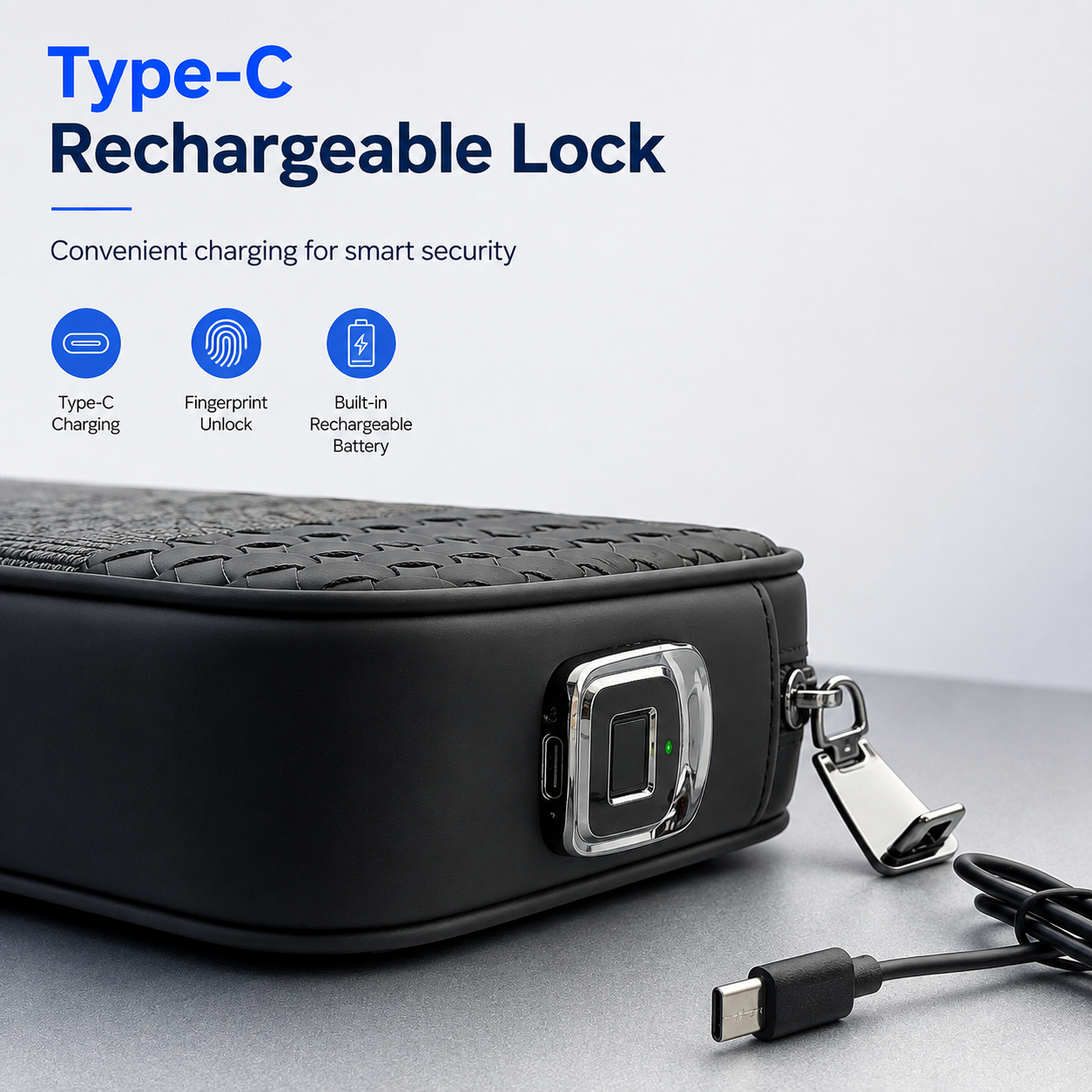 Smart Fingerprint Lock Wristlet Bag Bluetooth App Unlock Type-C Rechargeable Zinc Alloy Lock Woven Clutch Bag