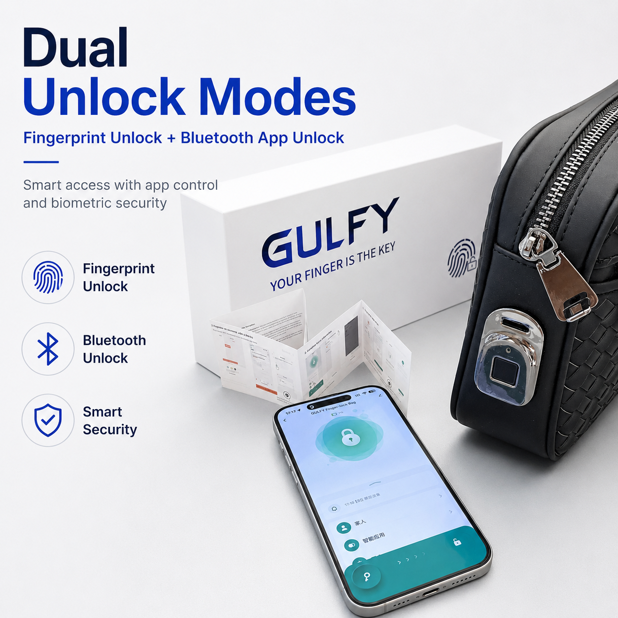Smart Fingerprint Lock Wristlet Bag Bluetooth App Unlock Type-C Rechargeable Zinc Alloy Lock Woven Clutch Bag