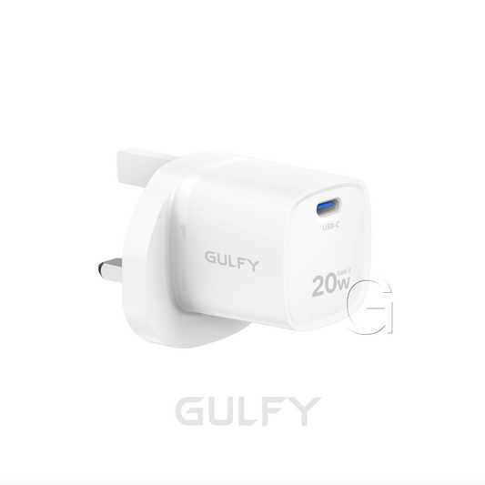 GULFY 20W USB-C UK Plug Charger| Fast Charging (White)