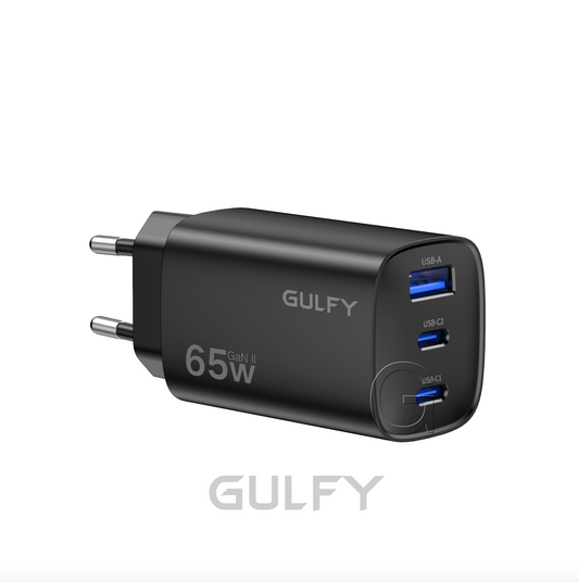 GULFY 65W Dual USB-C & USB-A EU Plug Charger| Fast Charging (Black)