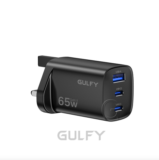 GULFY 65W Dual USB-C & USB-A UK Plug Charger| Fast Charging (Black)