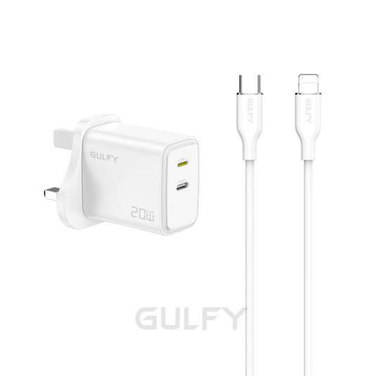 GULFY USB-C+Lightning Dual Ports Power Adapter| Fast Charging with Lightning to USB-C cable (White, UK Plug)