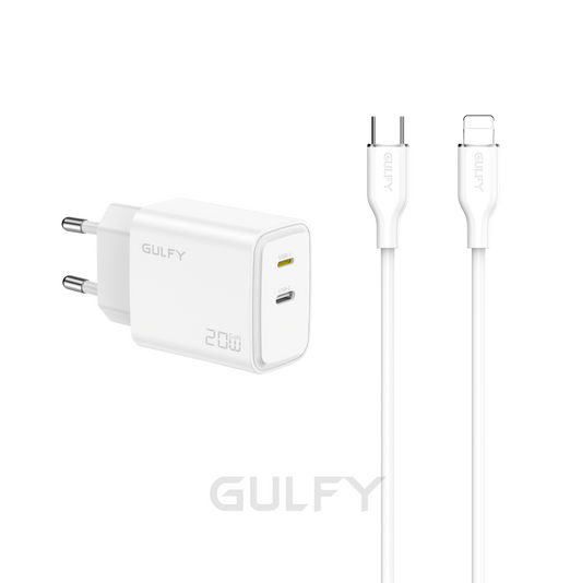 GULFY USB-C+Lightning Dual Ports Power Adapter| Fast Charging with Lightning to USB-C cable (White, EU Plug)