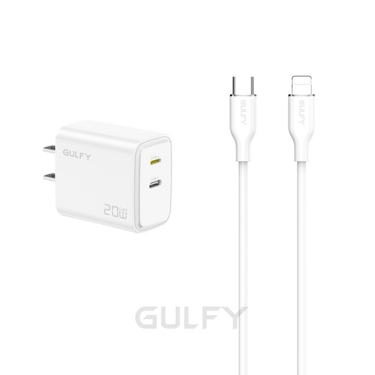GULFY USB-C+Lightning Dual Ports Power Adapter| Fast Charging with Lightning to USB-C cable (White, US Plug)