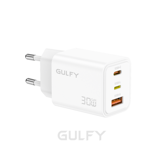 GULFY 30W Lightning & USB-C & USB-A EU Plug Charger| Fast Charging (White)