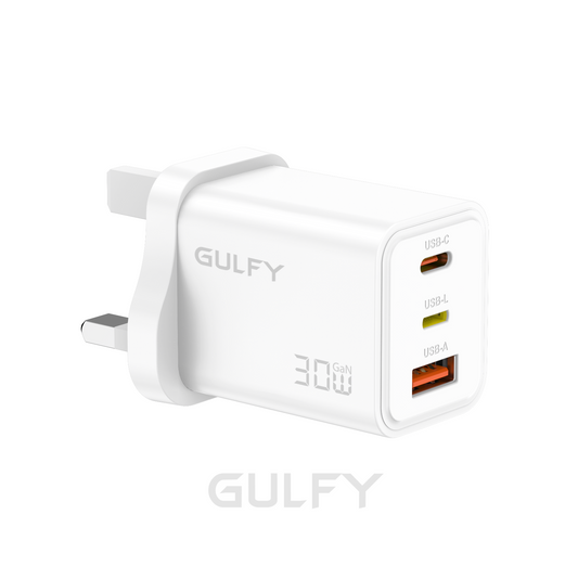 GULFY 30W Lightning & USB-C & USB-A UK Plug Charger| Fast Charging (White)