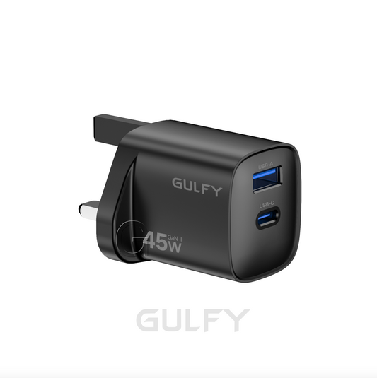 GULFY 45W USB-C & USB-A UK Plug Charger| Fast Charging (Black)
