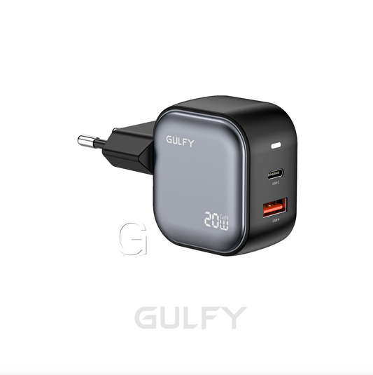 GULFY 20W USB-A & USB-C EU Plug Charger| PD20+QC3.0 Fast Charging (Black)