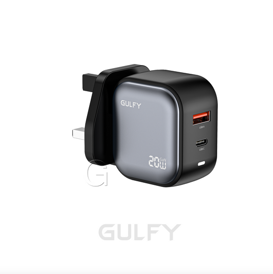 GULFY 20W USB-A & USB-C UK Plug Charger| PD20+QC3.0 Fast Charging (Black)
