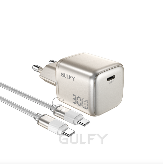 GULFY 30W USB-C EU Plug Charger with Cable| PD Fast Charging (Titanium gold)