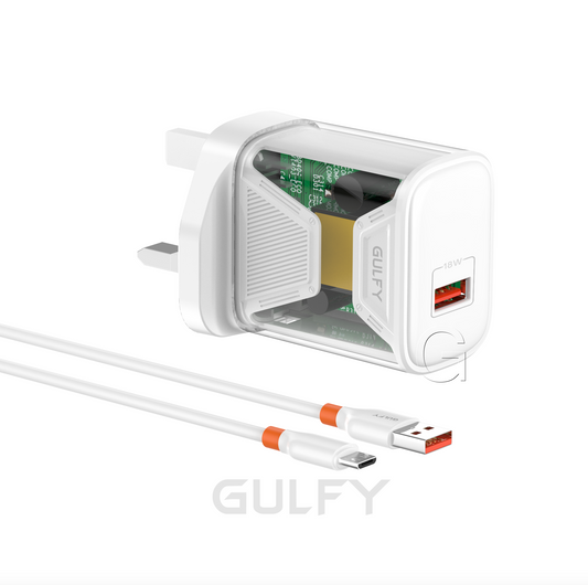 GULFY 18W USB-A UK Plug Charger with Micro Cable| Fast Charging (White)
