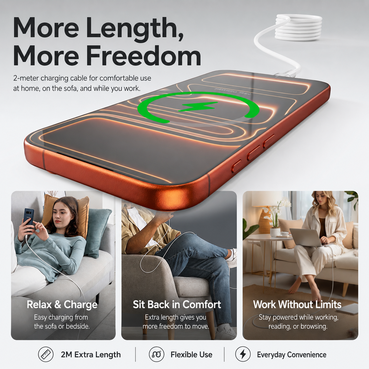 GULFY USB-C to USB-C Fast Charging Cable (60W, 2m, Silicone, White)