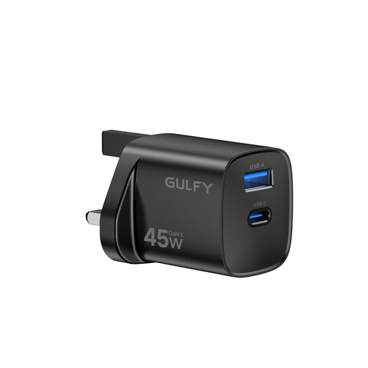GULFY 45W USB-C & USB-A UK Plug Charger for iPhone 17 | Fast Charging (Black)